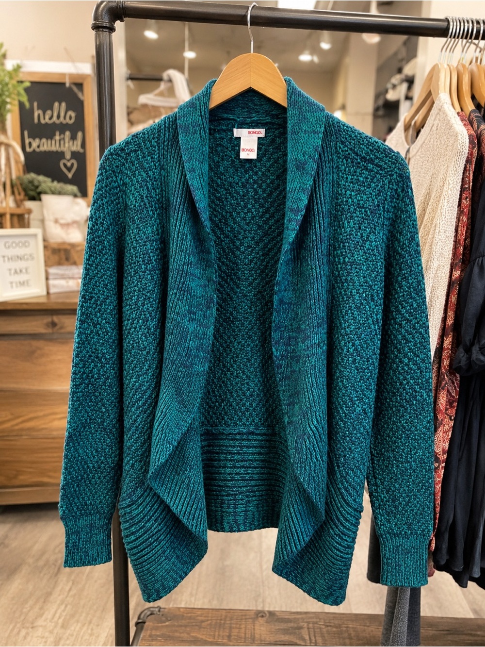 Bongo Teal Marled Open Front Knit Cardigan M
